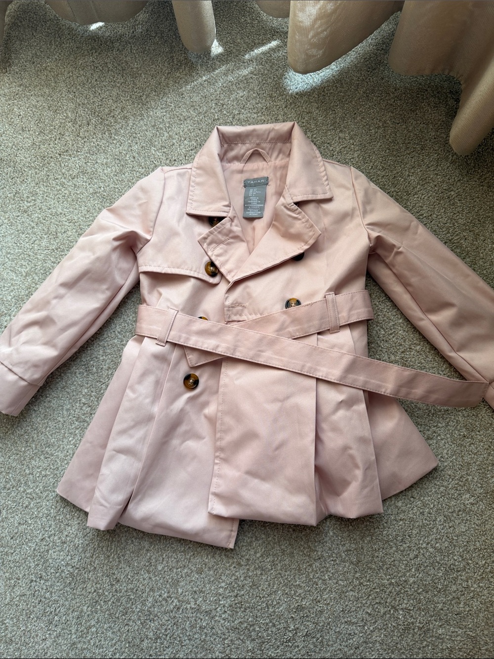 Tahari Girls' Light Pink Double-Breasted Pea Coat with Belt